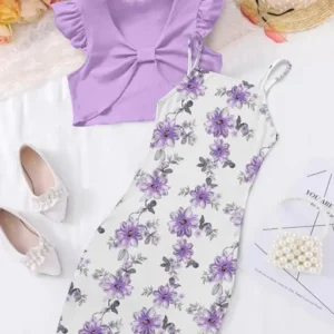 Lavender Floral Spaghetti Dress with Shrug for Girls – Summer Party & Birthday Outfit