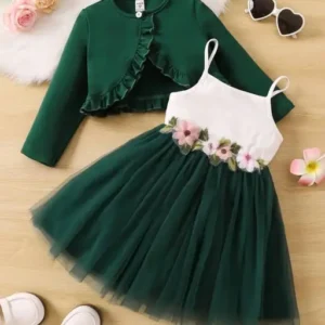 Elegant Green Floral Net Frock with Shrug for Girls – Party Wear Dress (1-5 Years)