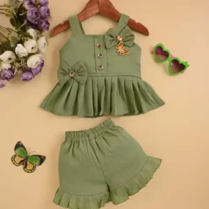 **Stylish Olive Green Ruffle Top & Shorts Set for Girls **