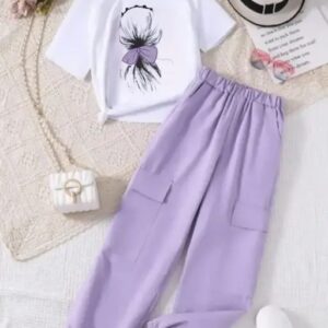 Lavender Jogger Pants with Printed White T-Shirt Set for Girls – Casual & Travel Wear Outfit
