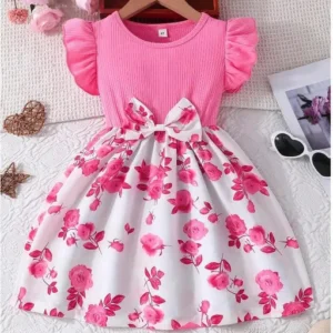 Pink Top and Floral White Skirt Pattern Dress for Girls