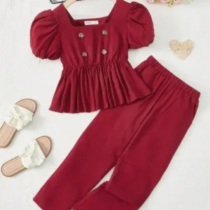 Maroon Puff Sleeve Top & Pant Set for Girls – Stylish Casual & Birthday Wear Outfit