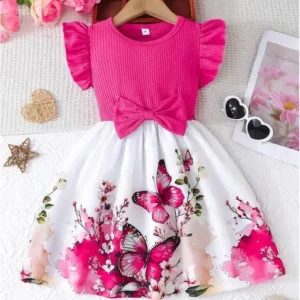 Pink Top and Butterfly Print Skirt Pattern Dress for Girls