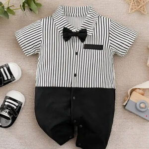 Formal Black & White Tuxedo Style Baby Romper with Bow – Cotton Infant Partywear