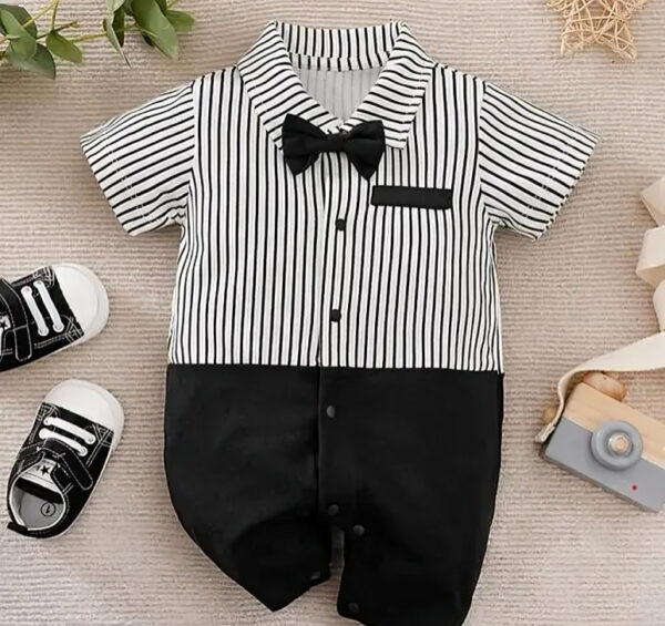 Formal Black & White Tuxedo Style Baby Romper with Bow – Cotton Infant Partywear