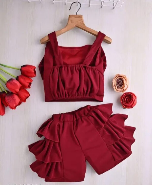Stylish  Girls’ Pearl Bow Co-Ord Set – Sleeveless Top & Layered Ruffle Shorts for Kids (2–8 Years) - Image 7