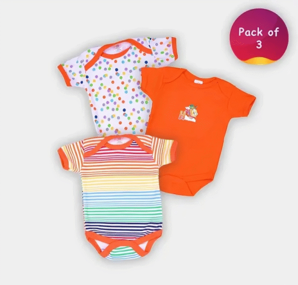 Pack of 3 Unisex Cotton Baby Rompers – Multicolor | Soft & Breathable Bodysuits for Infants