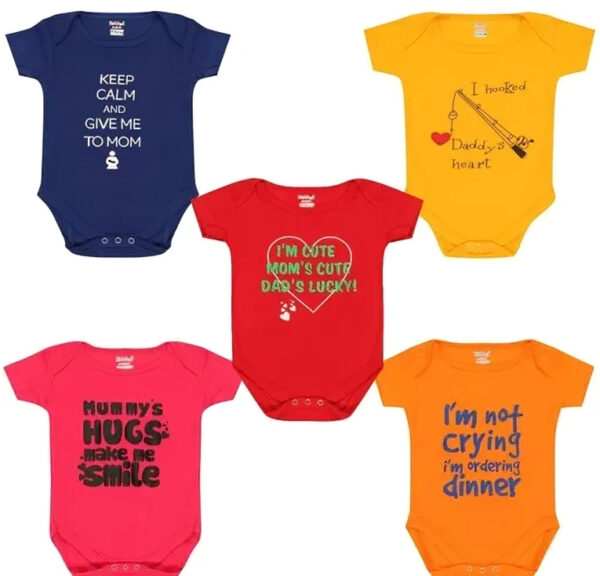 Pack of 5 Cotton Baby Rompers with Funny Quotes – Unisex Bodysuits for Newborn & Infants