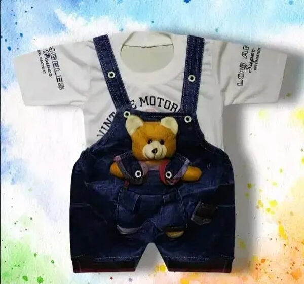 Baby Boys Red T-Shirt with Teddy Bear Denim Dungaree Set - Image 3