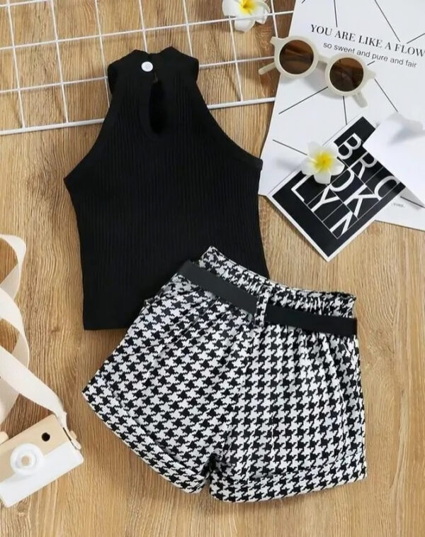 Stylish Sleeveless Top & Houndstooth Shorts Set for Girls – 2-Piece Cotton Blend Outfit - Image 6