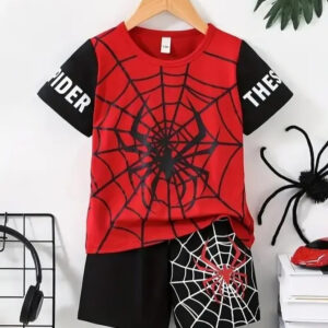 Spider Web Print Superhero Style T-Shirt and Shorts Set for Boys – 2 Piece Casual Summer Outfit