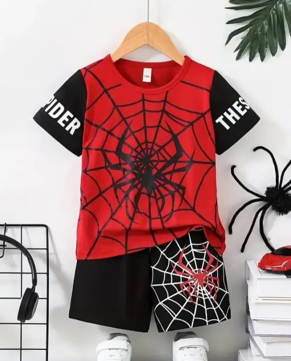 Spider Web Print Superhero Style T-Shirt and Shorts Set for Boys – 2 Piece Casual Summer Outfit