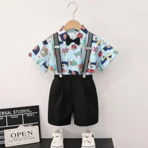 Stylish Boys Suspender Shorts Set with Printed Shirt & Bow Tie – Formal Party Wear