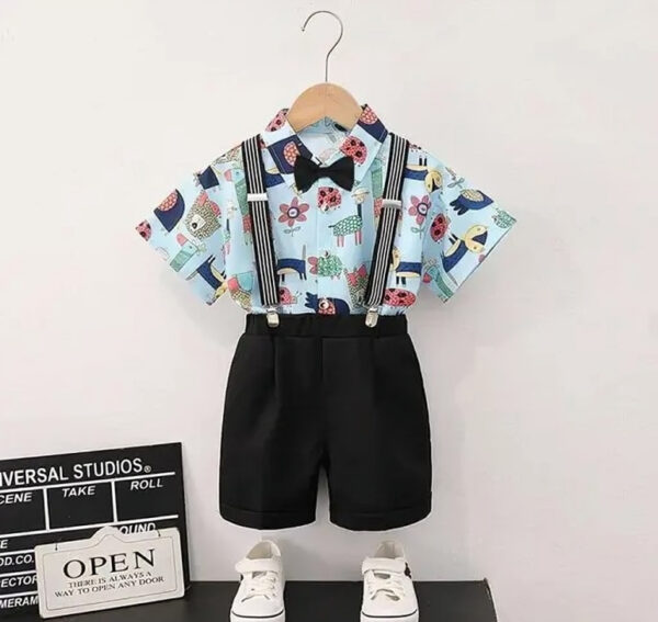 Stylish Boys Suspender Shorts Set with Printed Shirt & Bow Tie – Formal Party Wear