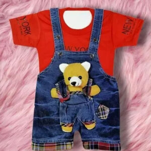 Baby Boys Red T-Shirt with Teddy Bear Denim Dungaree Set