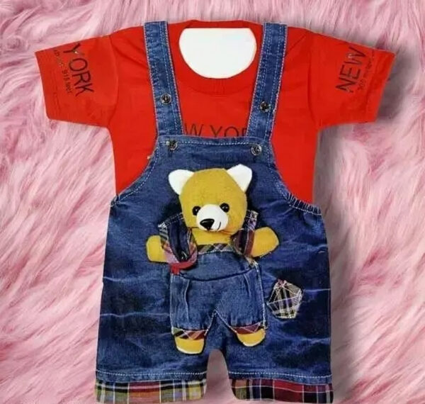 Baby Boys Red T-Shirt with Teddy Bear Denim Dungaree Set