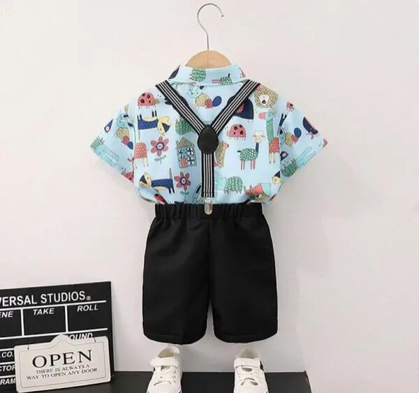 Stylish Boys Suspender Shorts Set with Printed Shirt & Bow Tie – Formal Party Wear - Image 2