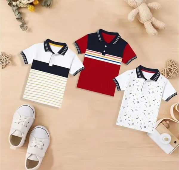 Pack of 3 Cotton Polo T-Shirts for Boys – Stylish Half Sleeve Printed Tees