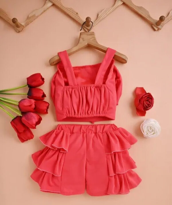 Stylish  Girls’ Pearl Bow Co-Ord Set – Sleeveless Top & Layered Ruffle Shorts for Kids (2–8 Years) - Image 5