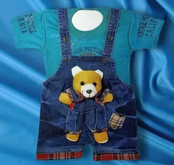 Baby Boys Red T-Shirt with Teddy Bear Denim Dungaree Set - Image 4