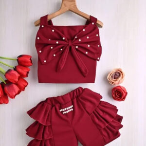 Stylish  Girls’ Pearl Bow Co-Ord Set – Sleeveless Top & Layered Ruffle Shorts for Kids (2–8 Years)