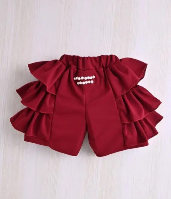 Stylish  Girls’ Pearl Bow Co-Ord Set – Sleeveless Top & Layered Ruffle Shorts for Kids (2–8 Years) - Image 4