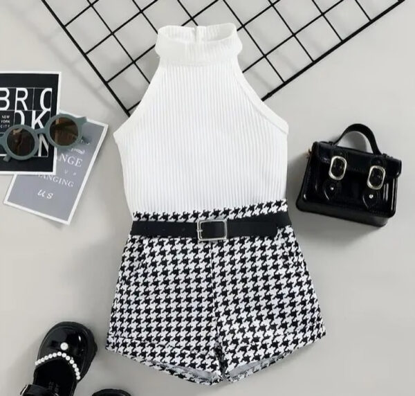 Stylish Sleeveless Top & Houndstooth Shorts Set for Girls – 2-Piece Cotton Blend Outfit - Image 4