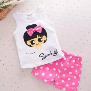 Cartoon Print Top and Pink Polka Dot Shorts