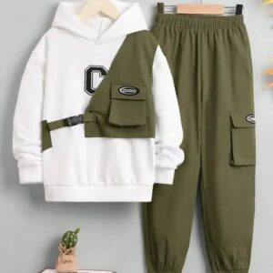 Stylish Boys Olive Green & White Hoodie and Jogger Set - Cotton Outfit
