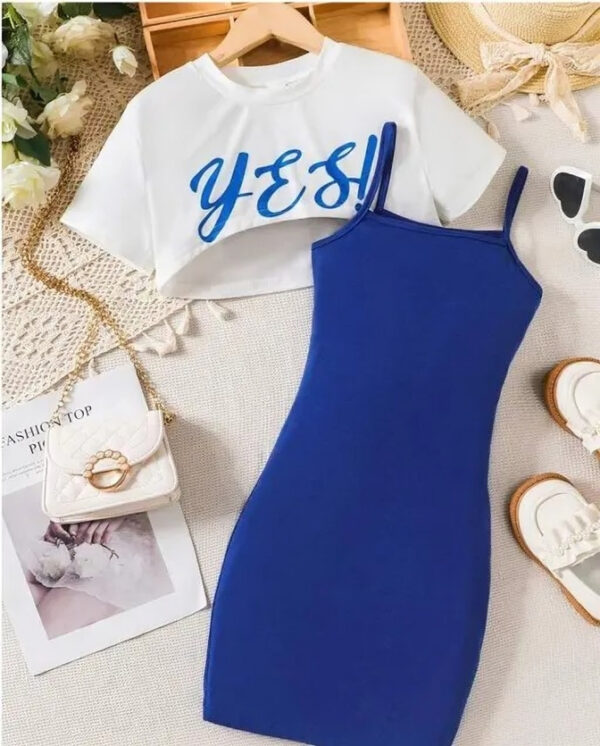 Trendy Girls' Bodycon Dress with “YES!” Crop Top – 2 Piece Casual Fashion Set for Teens - Image 2