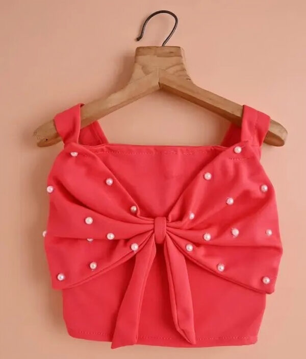Stylish  Girls’ Pearl Bow Co-Ord Set – Sleeveless Top & Layered Ruffle Shorts for Kids (2–8 Years) - Image 3