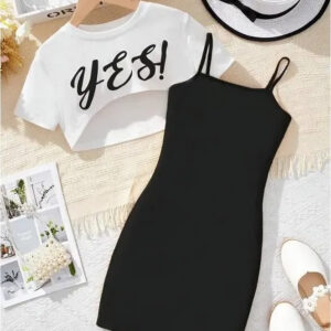 Trendy Girls' Bodycon Dress with “YES!” Crop Top – 2 Piece Casual Fashion Set for Teens