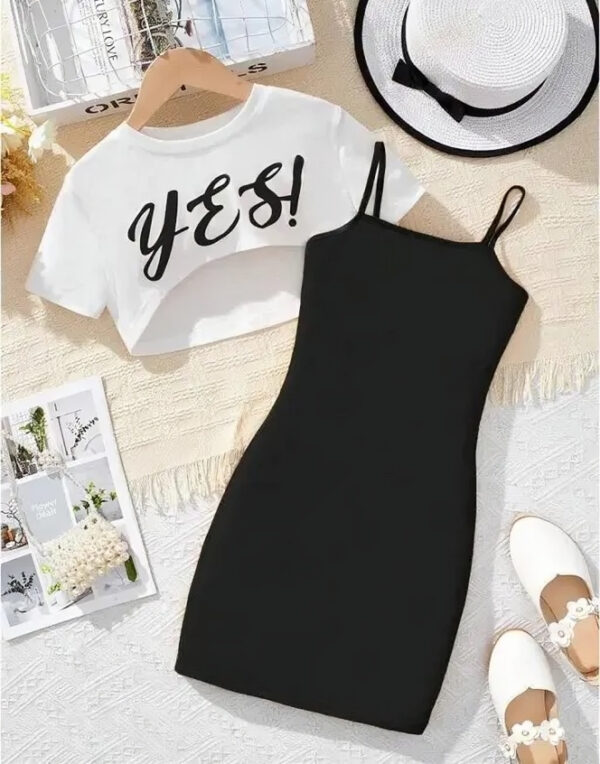 Trendy Girls' Bodycon Dress with “YES!” Crop Top – 2 Piece Casual Fashion Set for Teens