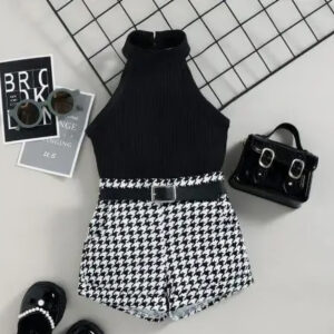 Stylish Sleeveless Top & Houndstooth Shorts Set for Girls – 2-Piece Cotton Blend Outfit