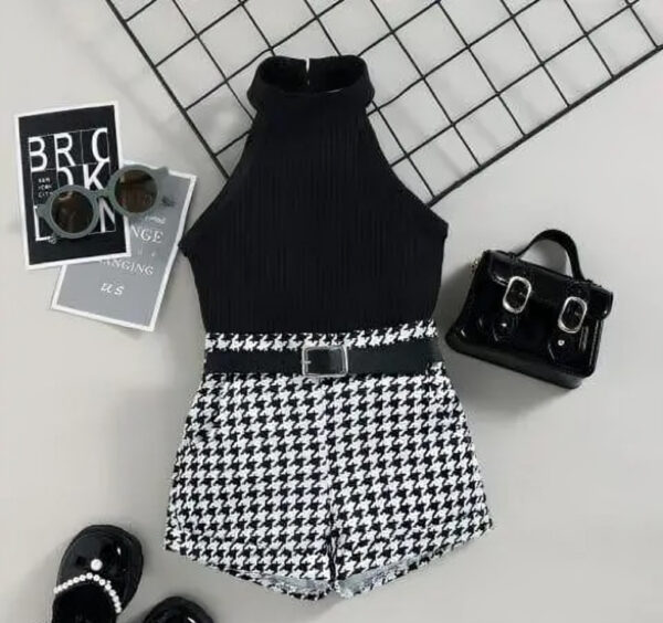 Stylish Sleeveless Top & Houndstooth Shorts Set for Girls – 2-Piece Cotton Blend Outfit