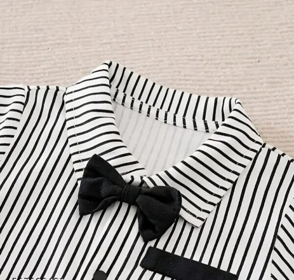 Formal Black & White Tuxedo Style Baby Romper with Bow – Cotton Infant Partywear - Image 2